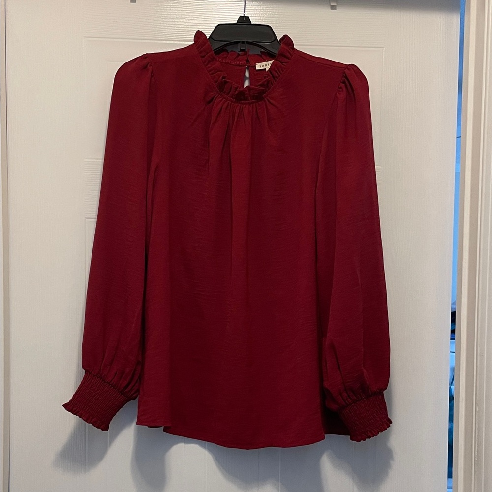 JODIFL Burgundy Ruffle-Neck Long Sleeve Blouse